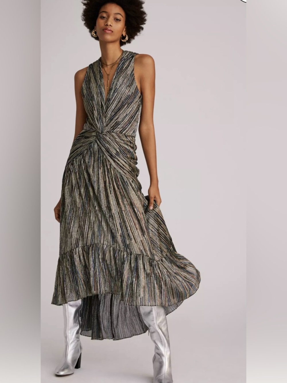 Misa Los Angeles Metallic Multi-Stripe High-Low Twist Dress